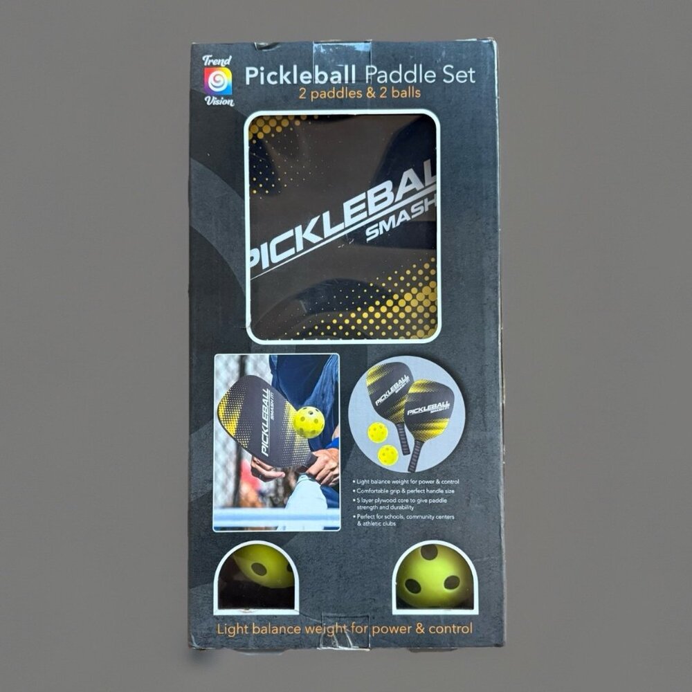 Trend Vision Pickleball Paddle Set (2 Paddles And 2 Balls) 5 Ply Wooden Design